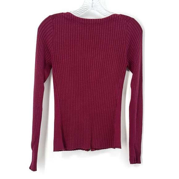 Express Ribbed Zip Front Sweater M Burgundy Stretch Long Sleeve Knit Top - Picture 3 of 13